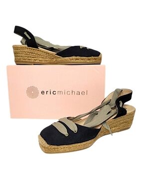 Eric Michael Black Espadrille Wedge Sandals with Wrap Ties